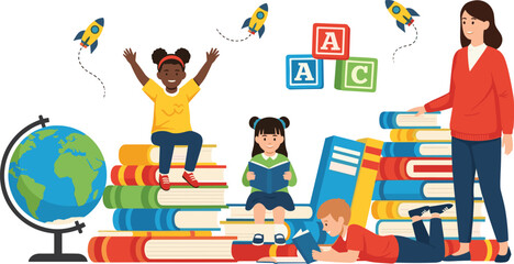 Happy kids learning with books, teacher support, colorful education scene, globe alphabet blocks, reading together, school knowledge, vector illustration