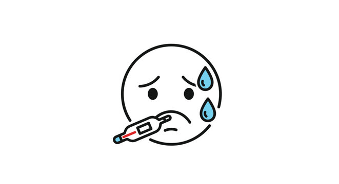 A simple animated line drawing of a sick face emoji with a thermometer in its mouth, sweating, illustrating fever or illness.