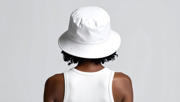 Person Wearing White Bucket Hat and Tank Top Back View.