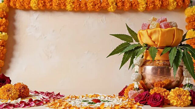 Gudi Padwa Minimalist Background with Symbolic Festival Elements Framing Copy Space
