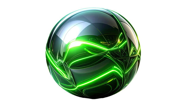Glossy, reflective sphere with interwoven neon green energy lines