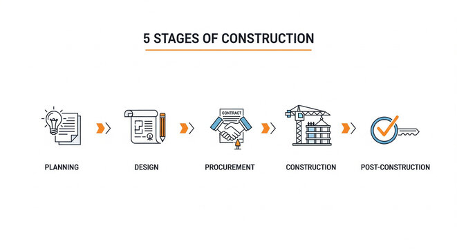 Visual representation of the five essential stages involved in a typical construction project lifecycle, from initial planning to successful completion