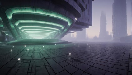 Obraz premium Futuristic Cityscape with Glowing Structures and Misty Atmosphere.