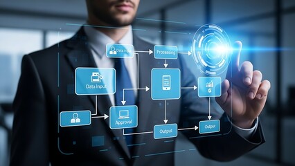 Business professional interacting with digital workflow automation interface