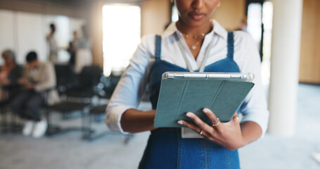 Scroll, online and hands with tablet, seminar and event planner with schedule on website or...