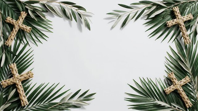Palm Sunday Minimalist Background with Symbolic Festival Elements Framing Copy Space