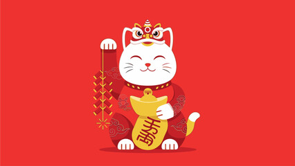 A cartoon Maneki-Neko cat dressed in red, holding a gold coin and a plant on a solid red background, conveying a festive and prosperous mood for Chinese Day.