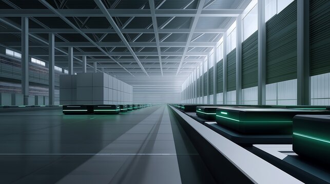 Futuristic Logistics Warehouse with Autonomous Robots and Clean Industrial Design
 - Powered by Adobe