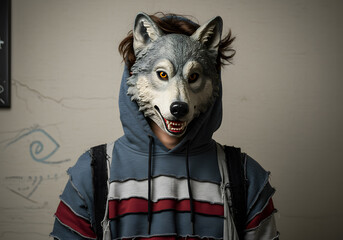 Person wearing wolf mask portrait