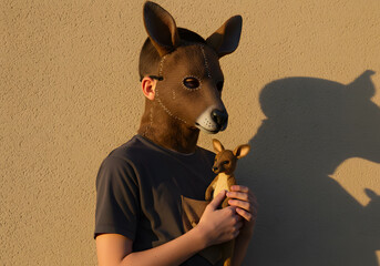 Person wearing kangaroo mask with toy