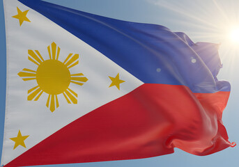 Philippine flag waving in blue sky