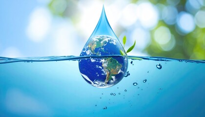 Fototapeta premium World in a Drop: Earth encapsulated in a glistening water droplet, illustrating global responsibility and the importance of conservation, all set against a tranquil sky.
