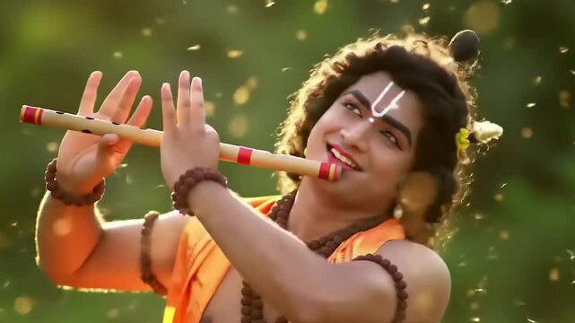 Hindu deity Krishna playing flute outdoors.