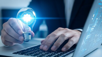 Creative innovation concept with lightbulb and digital technology hands