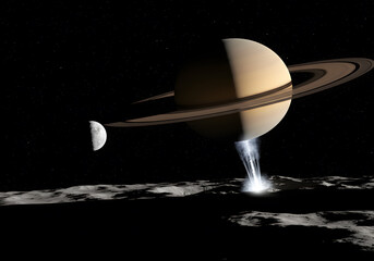 Planet with rings and moon in space