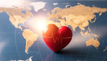 Global Health: A vibrant red heart, its life line displayed, shines brightly against a backdrop of a world map, symbolizing universal health, wellness, and the interconnectedness of global well-being.