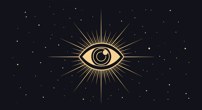 Mystical all-seeing eye of providence symbol with light rays, set against a dark starry night sky for esoteric concepts.
