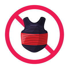 No combat sports allowed, no martial arts practice, no protective gear allowed, forbidden sign with silat chest guard icon, no silat sparring, vector illustration