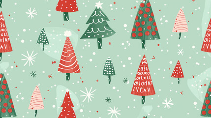 Hand-drawn Christmas trees with snowflakes on soft green background in festive pattern
