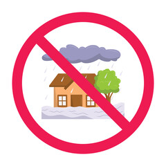 No flood area icon, no entry flood zone symbol, prohibited flooded area icon, forbidden sign with flood icon, vector illustration