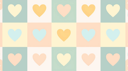 Soft pastel-colored heart shapes arranged in a checkered grid pattern on cream background