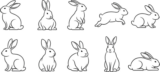 Minimalist black and white line art vector collection of rabbit and bunny icons featuring various poses including sitting, standing, jumping, and profile views.