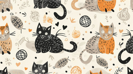 Cute hand-drawn cartoon cats and yarn balls in playful seamless pattern on cream background
