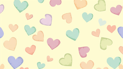 Hand-drawn pastel hearts scattered randomly across light yellow background in seamless pattern