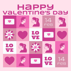 Valentine&rsquo;s Day Love. A pink grid-style romantic design with hearts, couples, flowers, envelopes, and &ldquo;Happy Valentine&rsquo;s Day&rdquo; text, perfect for greeting cards, posters, banners, and social media.
