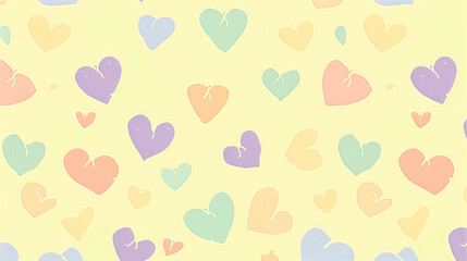 Hand-drawn pastel hearts scattered randomly across light yellow background in seamless pattern