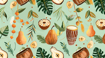 Autumn foliage, fruits, and lanterns in seasonal pattern on soft green background