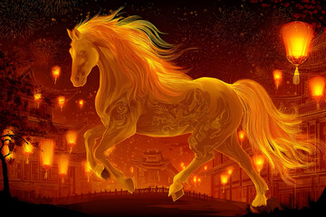 Chinese New Year celebration themed for the Year of the Horse, symbolizing strength, freedom, and prosperity
