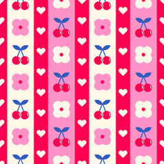 Cute geometric cherry, flower and heart seamless striped pattern design for Valentine's day background.