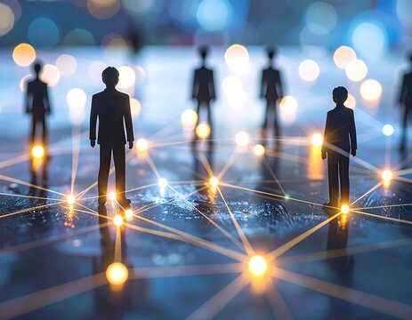 Miniature figures connected by glowing lines on a blurred background - Powered by Adobe