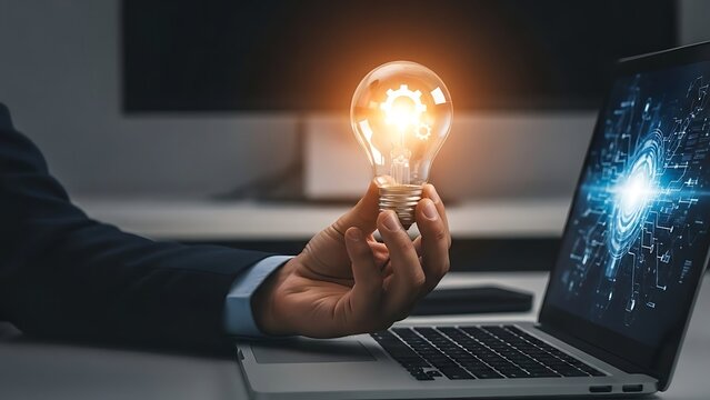 Hand holding glowing light bulb with digital innovation concept on laptop screen - Powered by Adobe