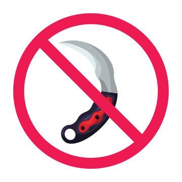 No kerambit sign, forbidden sign with kerambit icon, blade weapon forbidden sign, prohibited sharp weapon icon, vector illustration