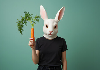 Rabbit mask holding carrot against teal background