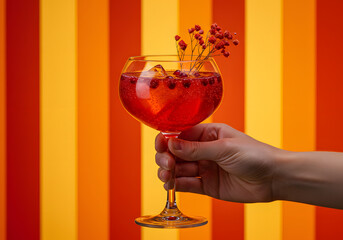 Red cocktail on striped background