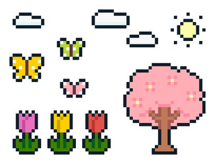 Fototapeta premium 8-bit pixel art spring sakura tree, tulips and butterfly set