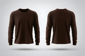 Mock up of front and back view of blank brown long sleeve t shirt with an isolated white background