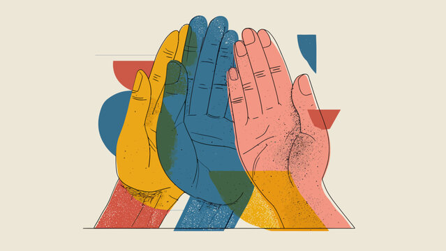 Illustration of diverse hands reaching up in a high-five gesture, symbolizing unity and collaboration.