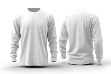 Mock up of front and back view of blank white long sleeve t shirt with an isolated white background