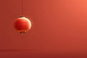 Elegant Chinese New Year background with a single red lantern glowing softly against a clean red gradient backdrop
