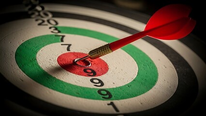Red dart hitting bullseye on green and white target board