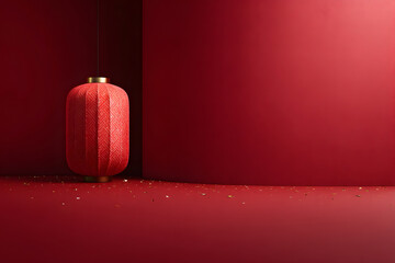Elegant Chinese New Year background with a single red lantern glowing softly against a clean red gradient backdrop