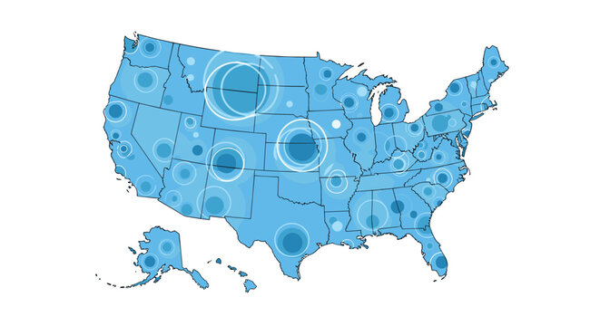 Blue map of the United States of America with abstract concentric circles, illustrating population centers or data points.