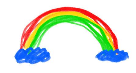 Hand Drawn Rainbow with Blue Clouds in Childlike Crayon Scribble Style Isolated on transparent layer