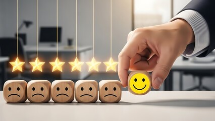 Hand changing wooden block from sad to happy face in office setting