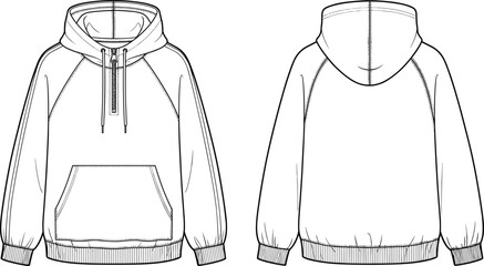 Women's quarter zip raglan sleeve hoodie technical fashion sketch, hooded sweatshirt template with kangaroo pocket front back view cad drawing flat vector illustration © Heyy there