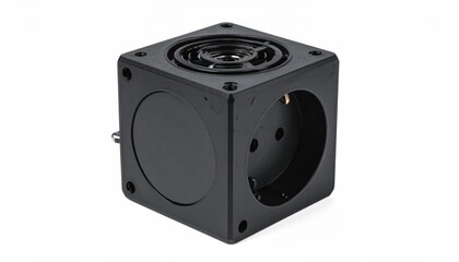 Fototapeta premium Black Cube with Circular Openings - A Versatile Industrial Component.